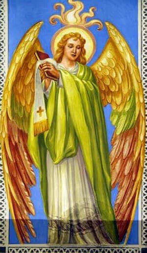 Angel presenting a banner decorated with a cross