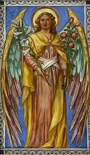 Angel carrying lilies and roses